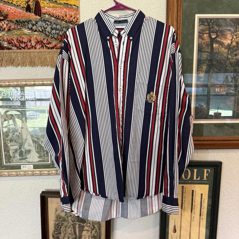 Vtg‎ Guess Striped Button Front Shirt Mens Collar L/S Chest Emblem 100% Cotton M